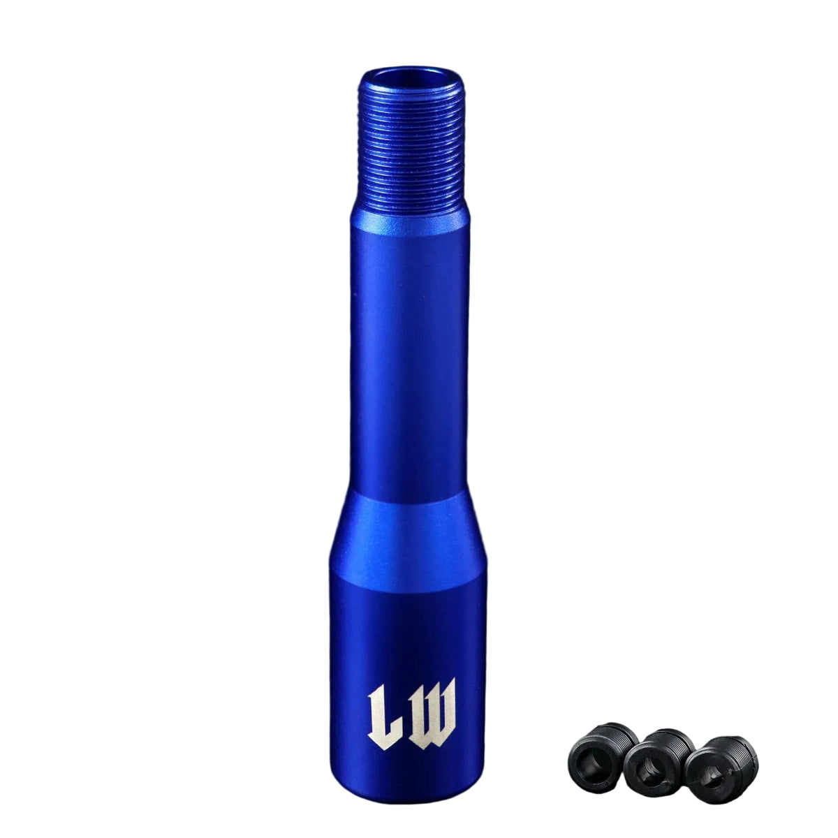 Blue metal shifter with 'LW' branding on a black background