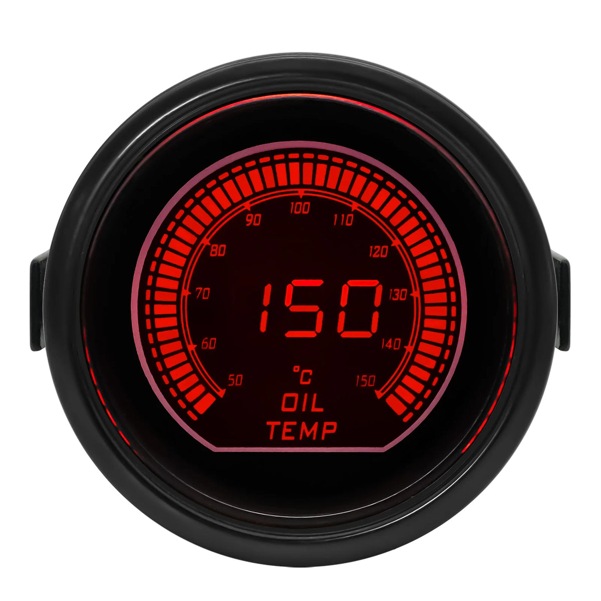 Digital oil temperature gauge with red display on a white background