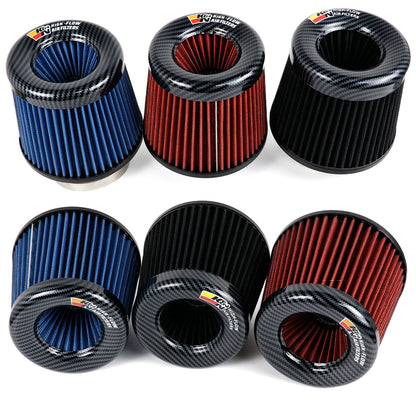 Set of six K&N air filters in blue, red, and black on a white background