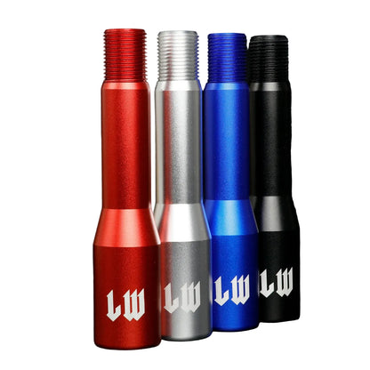 Four metal shifters in red, silver, blue, and black with 'lw' branding