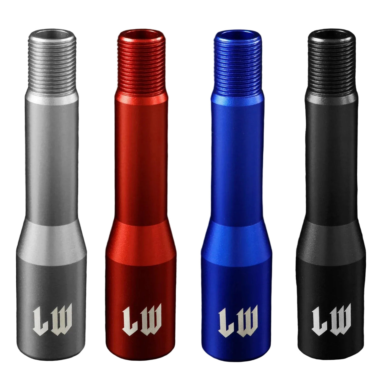 Four metal shifters in silver, red, blue, and black with 'lw' branding.