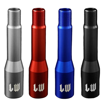 Four metal shifters in silver, red, blue, and black with 'lw' branding.