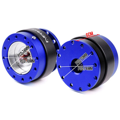 Two blue metal components with PCD measurements on a white background
