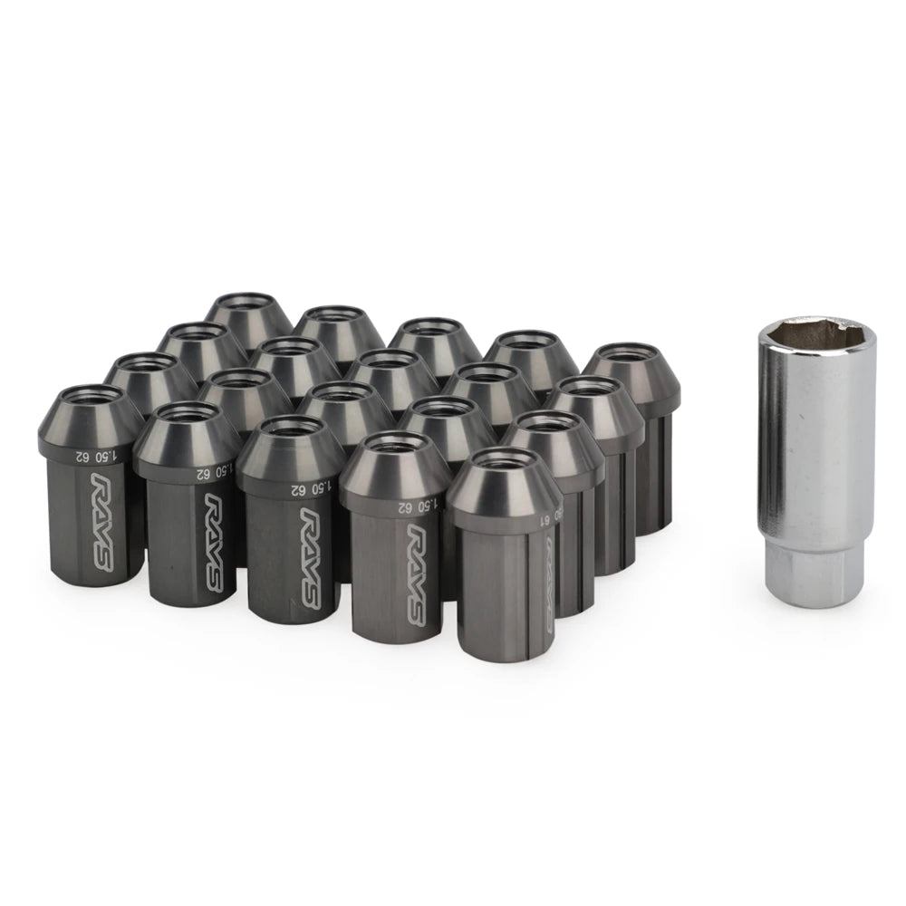 Set of grey rays lug nuts with a socket on a white background