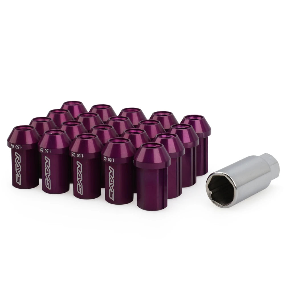 Set of purple rays wheel lock nuts with a key tool on a white background