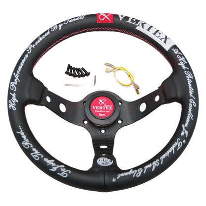 Steering wheel with 'Vertex' branding and included parts